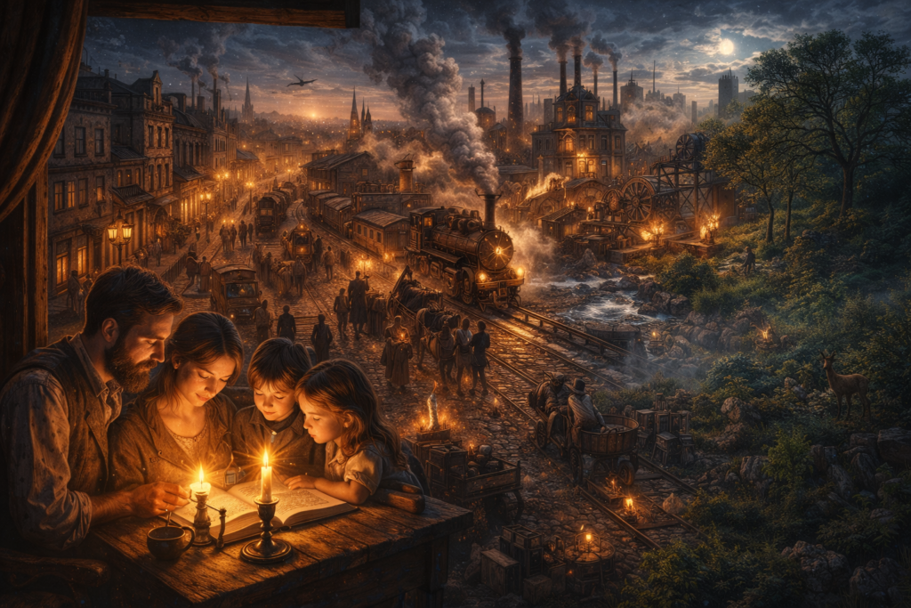 Photorealistic illustration showing an alternate history scenario where a major historical event unfolded differently, featuring futuristic cities, altered timelines, advanced technology, and symbolic changes to world history.