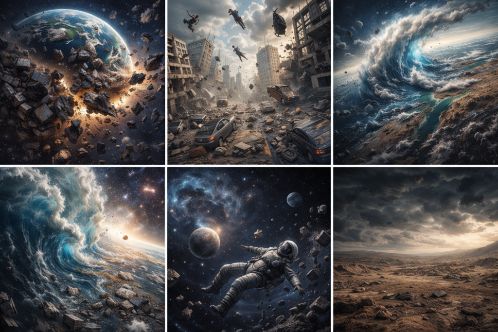 Photorealistic illustration showing a world without animals, empty cities, silent forests, collapsed ecosystems, and abandoned farms.