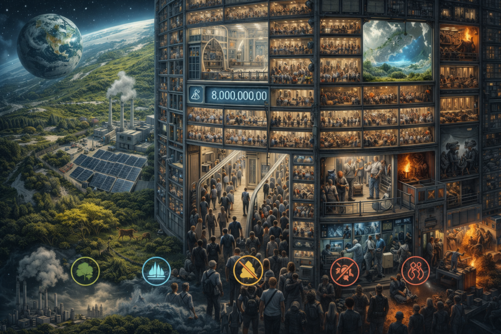 Photorealistic illustration of a single massive megastructure housing all humanity, showing vertical cities, shared living spaces, energy systems, agriculture levels, and global society living inside one building.
