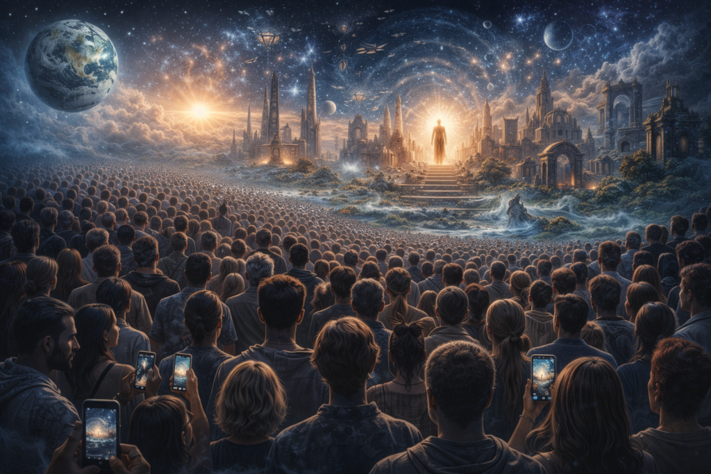 Photorealistic illustration showing a futuristic Earth where time suddenly stops, with frozen cities, suspended oceans, paused aircraft, and humanity trapped in a motionless world.