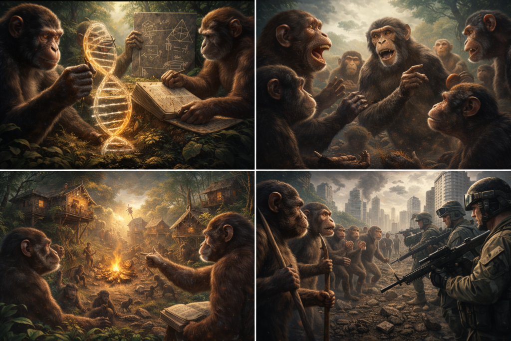 Photorealistic illustration showing monkeys evolving to human-level intelligence, depicting advanced communication, social organization, and a transformed future of Earth.