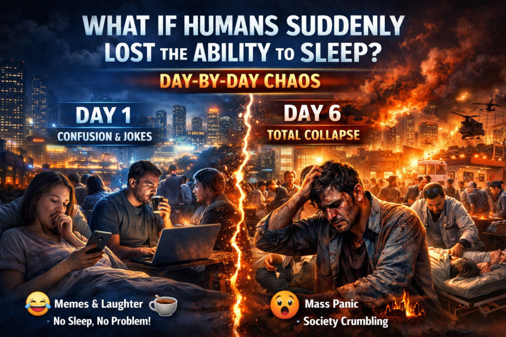 What would happen if humans suddenly stopped sleeping, showing exhausted cities at night and collapsing society over several da